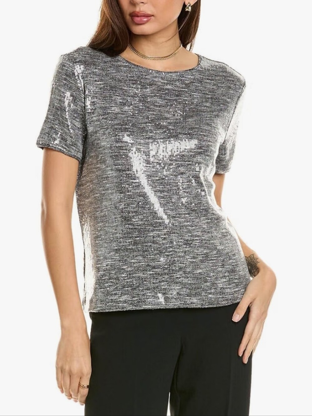 Anne Klein Women's Marled Sequin Ss Banded Tee